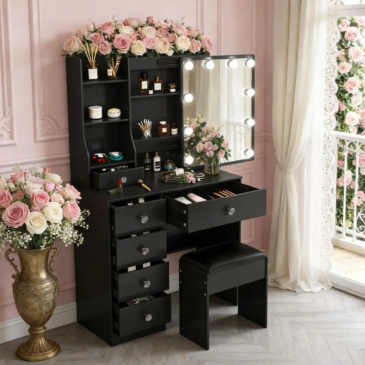 Teousev Black Vanity Set, 3 Color Dimmable LED Sliding Mirror, 6 Drawers & Stool, Easy Assembly Bedroom Makeup Dressing Table