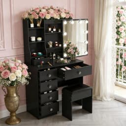 Teousev Black Vanity Set, 3 Color Dimmable LED Sliding Mirror, 6 Drawers & Stool, Easy Assembly Bedroom Makeup Dressing Table