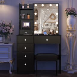 Teousev Black Vanity Set, 3 Color Dimmable LED Sliding Mirror, 6 Drawers & Stool, Easy Assembly Bedroom Makeup Dressing Table