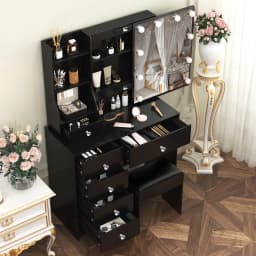 Teousev Black Vanity Set, 3 Color Dimmable LED Sliding Mirror, 6 Drawers & Stool, Easy Assembly Bedroom Makeup Dressing Table
