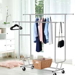 Double Rail Adjustable Clothes Rack with Wheels Heavy Duty Garment Stand Portable Coat Hanger Organizer