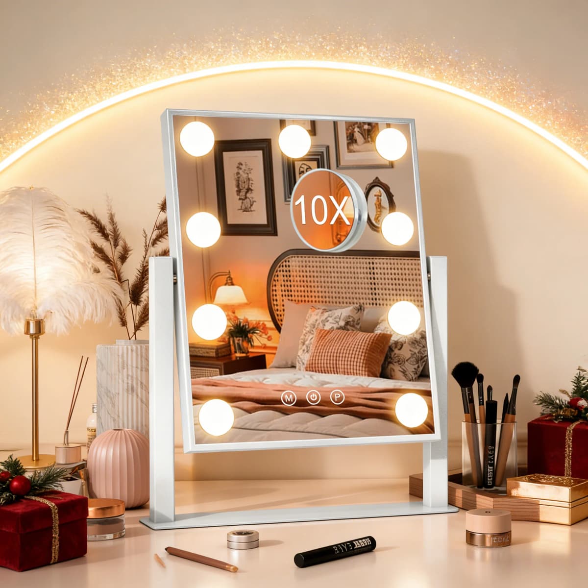 Teousev Hollywood Vanity Mirror with LED Bulbs, Dimmable 3 Light Modes, 360° Rotation & 10x Magnifying, Makeup Mirror