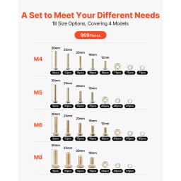 SucceBuy 906 Pcs Bolts and Nuts Assortment Kit Metric Machine Screws and Flat Washers Alloy Steel M4 / M5 / M6/ M8 Multiple Size