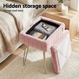 Pink Storage Ottoman Vanity Foot Stool Upholstered Round Small Accent Seat for Bedroom Living Room Shoe Bench End of Bed Space Saving Organizer