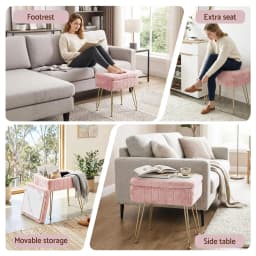 Pink Storage Ottoman Vanity Foot Stool Upholstered Round Small Accent Seat for Bedroom Living Room Shoe Bench End of Bed Space Saving Organizer