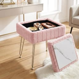 Pink Storage Ottoman Vanity Foot Stool Upholstered Round Small Accent Seat for Bedroom Living Room Shoe Bench End of Bed Space Saving Organizer