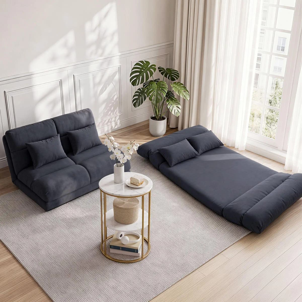 Floor Lounge Sofa Bed Coffee Table 2 Tier Marble Effect Side Table Set