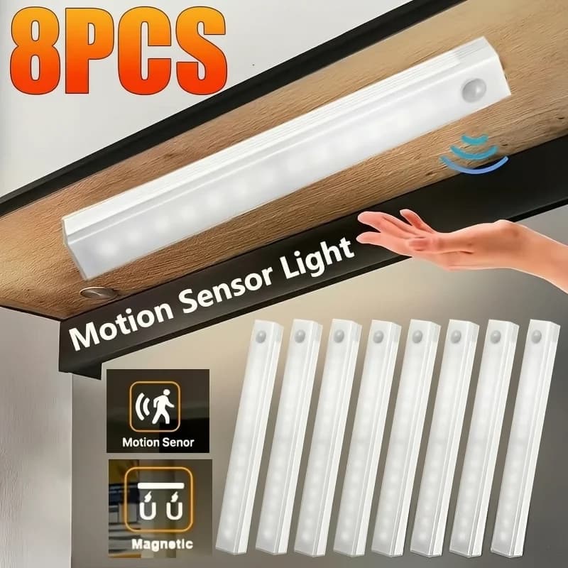 Eight-pack USB rechargeable magnetic LED sensor lights (with spare batteries), wall-mounted, suitable for indoor lighting in bedrooms, kitchens, hallways, staircases, wardrobes, garages, bathrooms, etc. – also functions as a cabinet light strip.