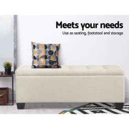 Storage Ottoman Blanket Box 97cm Linen Beige Upholstered Bedroom Bench Seat Chest Trunk Footstool with Lid Space Saving Organizer Storage Bench
