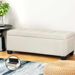 Storage Ottoman Blanket Box 97cm Linen Beige Upholstered Bedroom Bench Seat Chest Trunk Footstool with Lid Space Saving Organizer Storage Bench