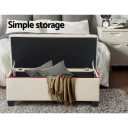 Storage Ottoman Blanket Box 97cm Linen Beige Upholstered Bedroom Bench Seat Chest Trunk Footstool with Lid Space Saving Organizer Storage Bench