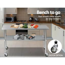 1524x610mm 304 Stainless Steel Kitchen Work Bench with Wheels Heavy Duty Mobile Prep Table