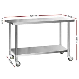 1524x610mm 304 Stainless Steel Kitchen Work Bench with Wheels Heavy Duty Mobile Prep Table