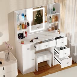 Vanity Desk Set with Smart LED Mirror & 6 Drawers - Dressing Table + Stool, Sturdy Wood Frame for Bedroom, Modern Functional Dre