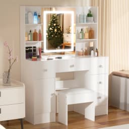 Vanity Desk Set with Smart LED Mirror & 6 Drawers - Dressing Table + Stool, Sturdy Wood Frame for Bedroom, Modern Functional Dre
