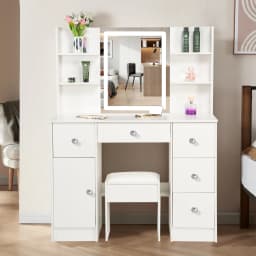 Vanity Desk Set with Smart LED Mirror & 6 Drawers - Dressing Table + Stool, Sturdy Wood Frame for Bedroom, Modern Functional Dre