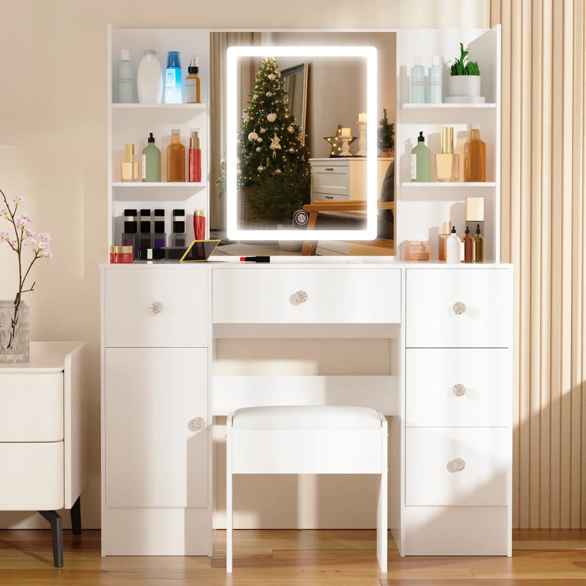Vanity Desk Set with Smart LED Mirror & 6 Drawers - Dressing Table + Stool, Sturdy Wood Frame for Bedroom, Modern Functional Dre