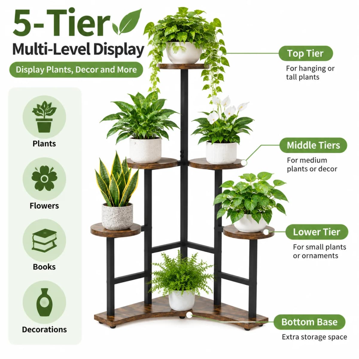 5 Tiers Wooden Plant Stand Holder Tall Corner Flower Display Rack Organizer Shelves