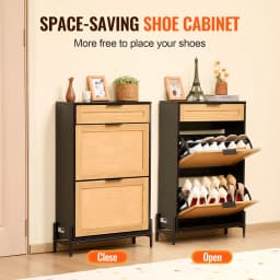 SucceBuy Shoe Storage Organizer w/ 2 Flip Rattan Drawers&1 Slide Drawer Metal Legs Slim Shoe Cabinet for Entryway Closet Hallway