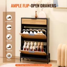 SucceBuy Shoe Storage Organizer w/ 2 Flip Rattan Drawers&1 Slide Drawer Metal Legs Slim Shoe Cabinet for Entryway Closet Hallway