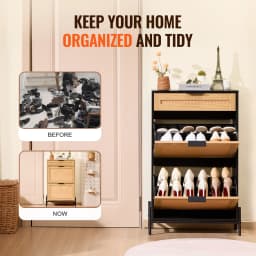 SucceBuy Shoe Storage Organizer w/ 2 Flip Rattan Drawers&1 Slide Drawer Metal Legs Slim Shoe Cabinet for Entryway Closet Hallway