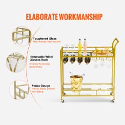 SucceBuy Bar Cart Gold Home Bar Serving Cart on Lockable Wheels with Tempered Glass Shelves for Home Kitchen Dining Living Room