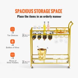 SucceBuy Bar Cart Gold Home Bar Serving Cart on Lockable Wheels with Tempered Glass Shelves for Home Kitchen Dining Living Room