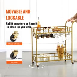 SucceBuy Bar Cart Gold Home Bar Serving Cart on Lockable Wheels with Tempered Glass Shelves for Home Kitchen Dining Living Room