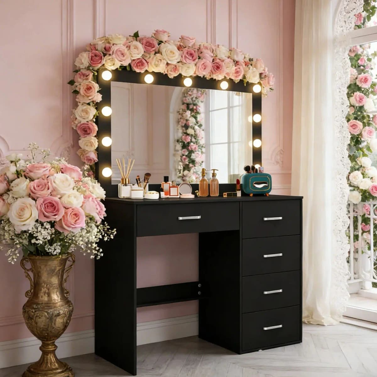 Teousev White Vanity Set with 11 LED Large Lighted Mirror, 7 Drawers, 3 Color Dimmable, Easy Assembly for Bedroom Dressing Table