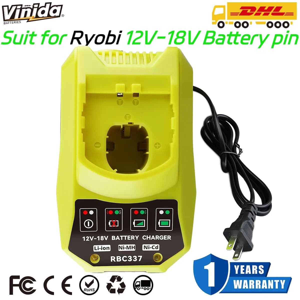 VINIDA P117 12-18V Charger Replacement for Ryobi 18V Battery Charger P117 P118 P118B P135 P166 140237023 140153004 Fast Charger