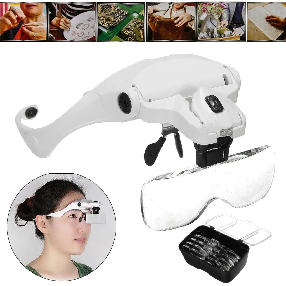 Adjustable Head Magnifier LED Light Lightweight Magnifying Glass 5 Lens Tool AU