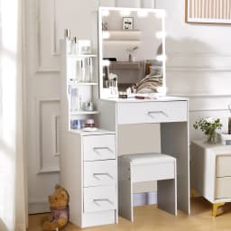 White Glam LED Vanity Dressing Table with Sliding Mirror 4 Drawers Stool 3 Color Dimmable Assembly Makeup Desk