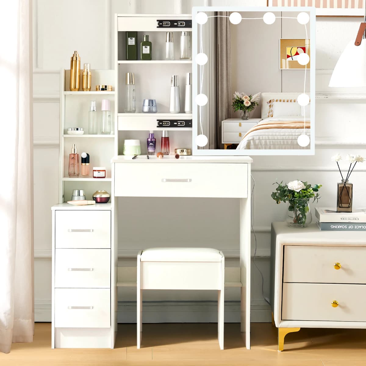 White Glam LED Vanity Dressing Table with Sliding Mirror 4 Drawers Stool 3 Color Dimmable Assembly Makeup Desk