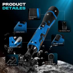 Jemi Tool 12V Electric Ratchet Wrench Set, 40N.m, 3/8'' Cordless Electric Wrench, Equipped with 7 Sockets and LED Light, Suitable for Automotive Maintenance, Disassembling Screws and Nuts, and a Variable-Speed Ratchet Wrench for Use in Narrow Spaces.