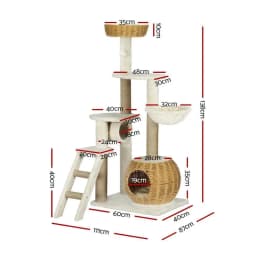 138cm Multi Level Cat Tree Scratch Post Wooden Bed Condo House Rattan Ladder Indoor Cat Activity Center