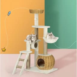 138cm Multi Level Cat Tree Scratch Post Wooden Bed Condo House Rattan Ladder Indoor Cat Activity Center
