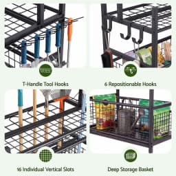 Garden Tool Organizer Rack 16 Slot Rolling Garage Storage Cart with Hooks