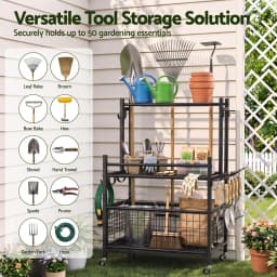 Garden Tool Organizer Rack 16 Slot Rolling Garage Storage Cart with Hooks