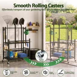 Garden Tool Organizer Rack 16 Slot Rolling Garage Storage Cart with Hooks