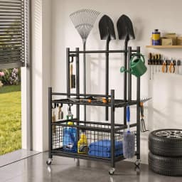 Garden Tool Organizer Rack 16 Slot Rolling Garage Storage Cart with Hooks