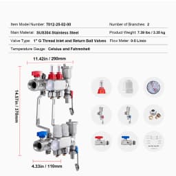 SucceBuy 2-Branch Radiant Heat Manifold 1/2" PEX Tubing Manifold Stainless Steel PEX Manifold for Hydronic Radiant Floor Heating