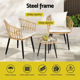 3 Piece Outdoor Bistro Set Patio Furniture Table and Chairs Natural Lounge Dining Set