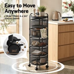 5 Tier Kitchen Storage Cart Round Basket Black Rolling Utility Rack for Home Organizer