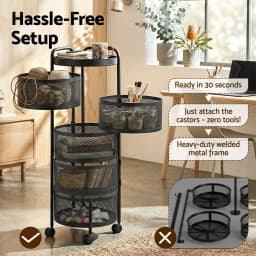 5 Tier Kitchen Storage Cart Round Basket Black Rolling Utility Rack for Home Organizer