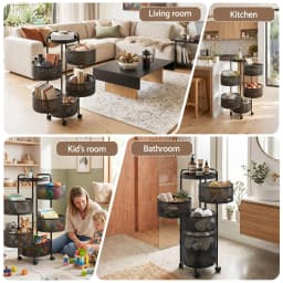 5 Tier Kitchen Storage Cart Round Basket Black Rolling Utility Rack for Home Organizer