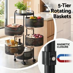 5 Tier Kitchen Storage Cart Round Basket Black Rolling Utility Rack for Home Organizer