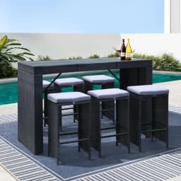 7 Piece Outdoor Patio Bar Set Wicker Dining Table and Stools Garden Furniture Set