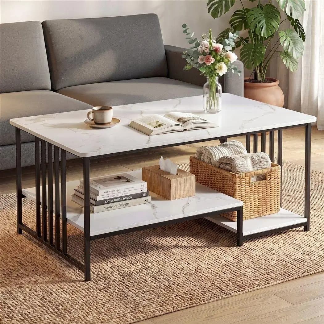 100cm Faux Marble Coffee Table 2 Tier Center Table White Black Storage Living Room Modern Minimalist Furniture
