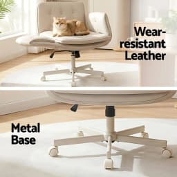 Ergonomic Criss Cross Office Chair with Wheels Adjustable Armrests PU Leather Cross Legged Vanity Chair Swivel Desk Chair for home Bedroom Makeup Computer Beige