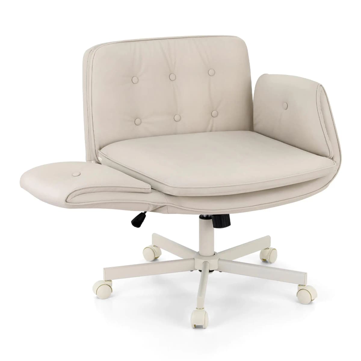 Ergonomic Criss Cross Office Chair with Wheels Adjustable Armrests PU Leather Cross Legged Vanity Chair Swivel Desk Chair for home Bedroom Makeup Computer Beige